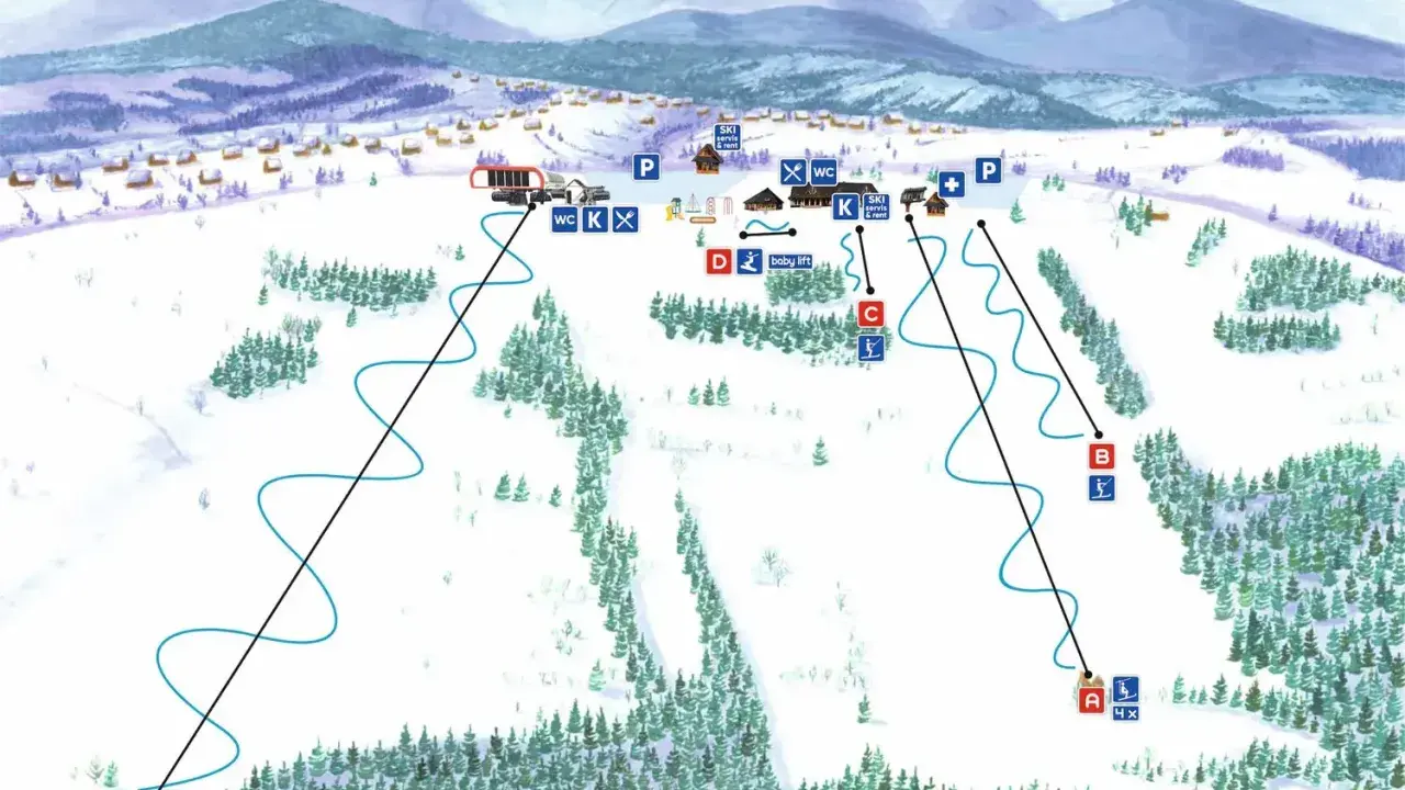 Mapa wyciągów narciarskich w Bukowinie Tatrzańskiej. Widok na stoki, lasy i górskie chatki.