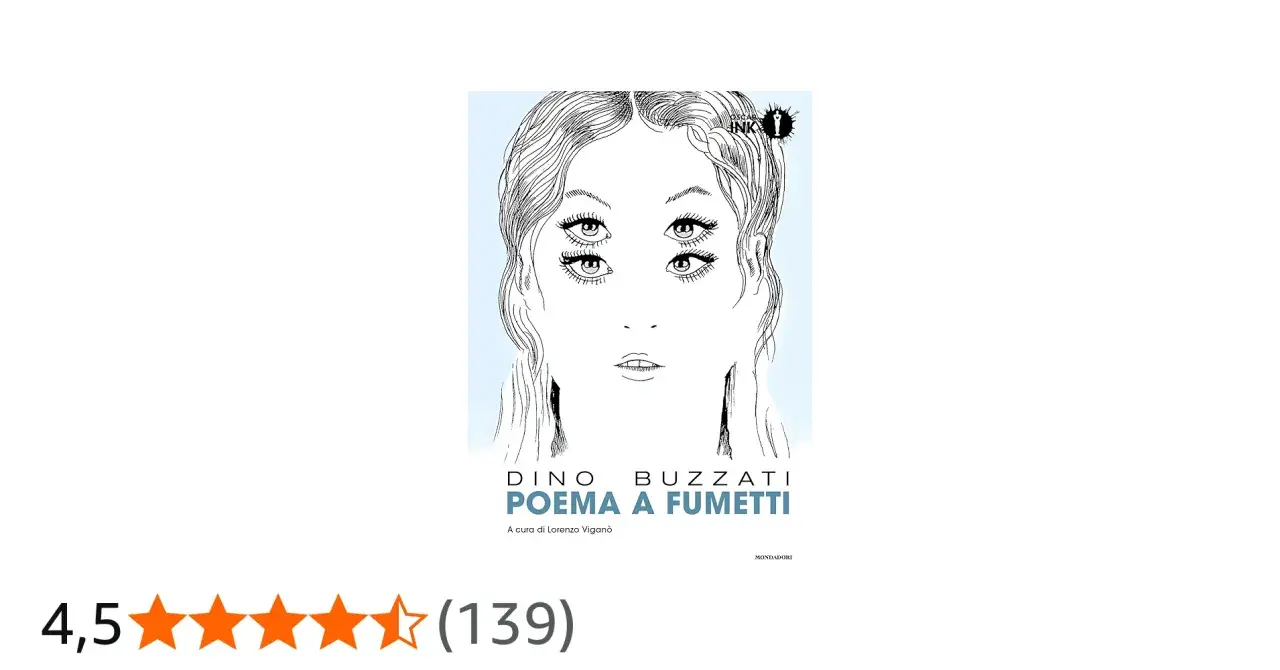Copertina di "Poema a fumetti" di Dino Buzzati, con un volto femminile stilizzato e occhi multipli.