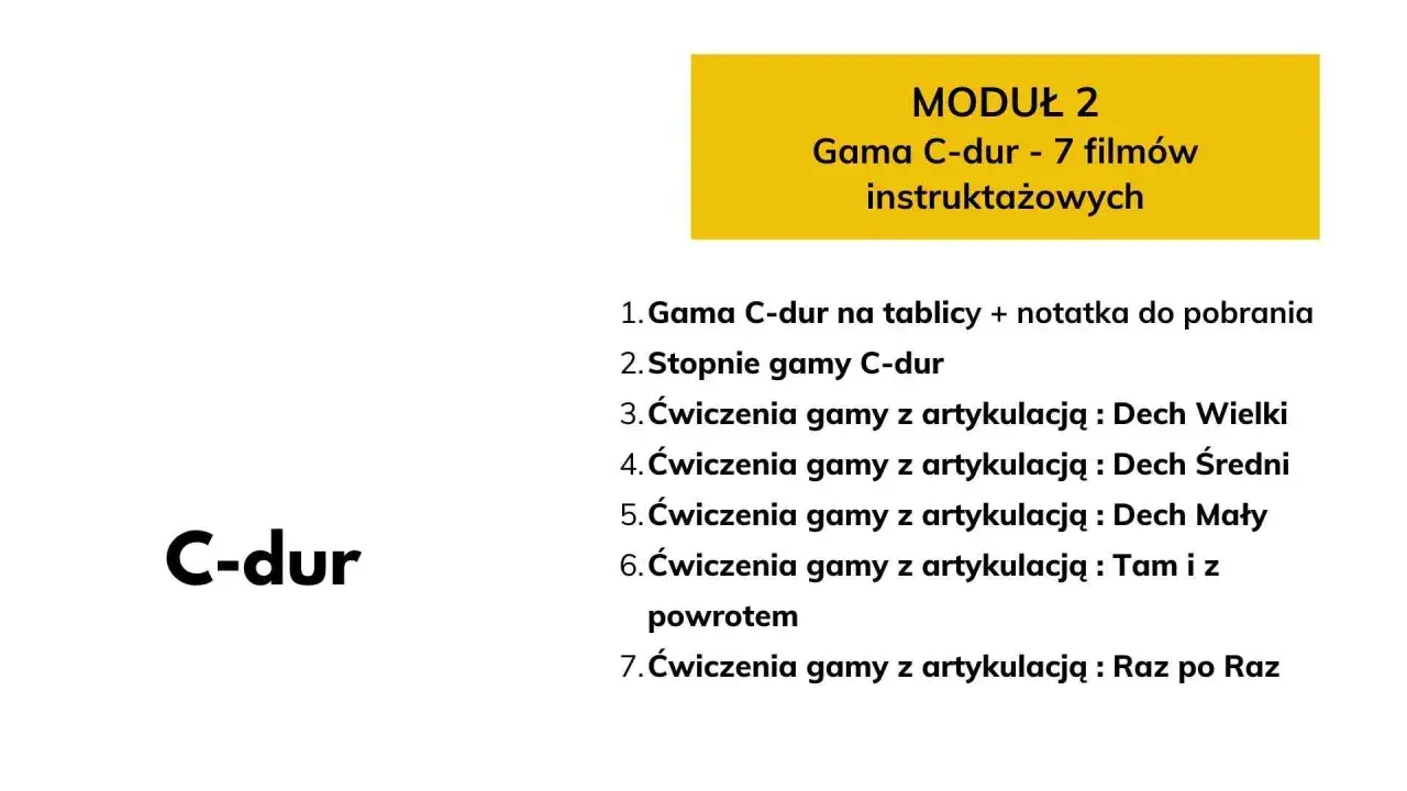 Moduł 2: Gama C-dur i jej stopnie. Lista 7 filmów instruktażowych, w tym ćwiczenia artykulacyjne.