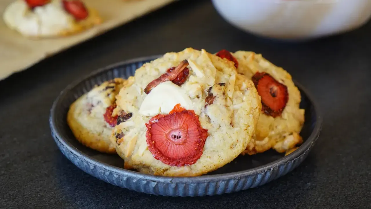 Trois cookies gourmands aux fraises et éclats de chocolat blanc, parfaits pour une pause sucrée.