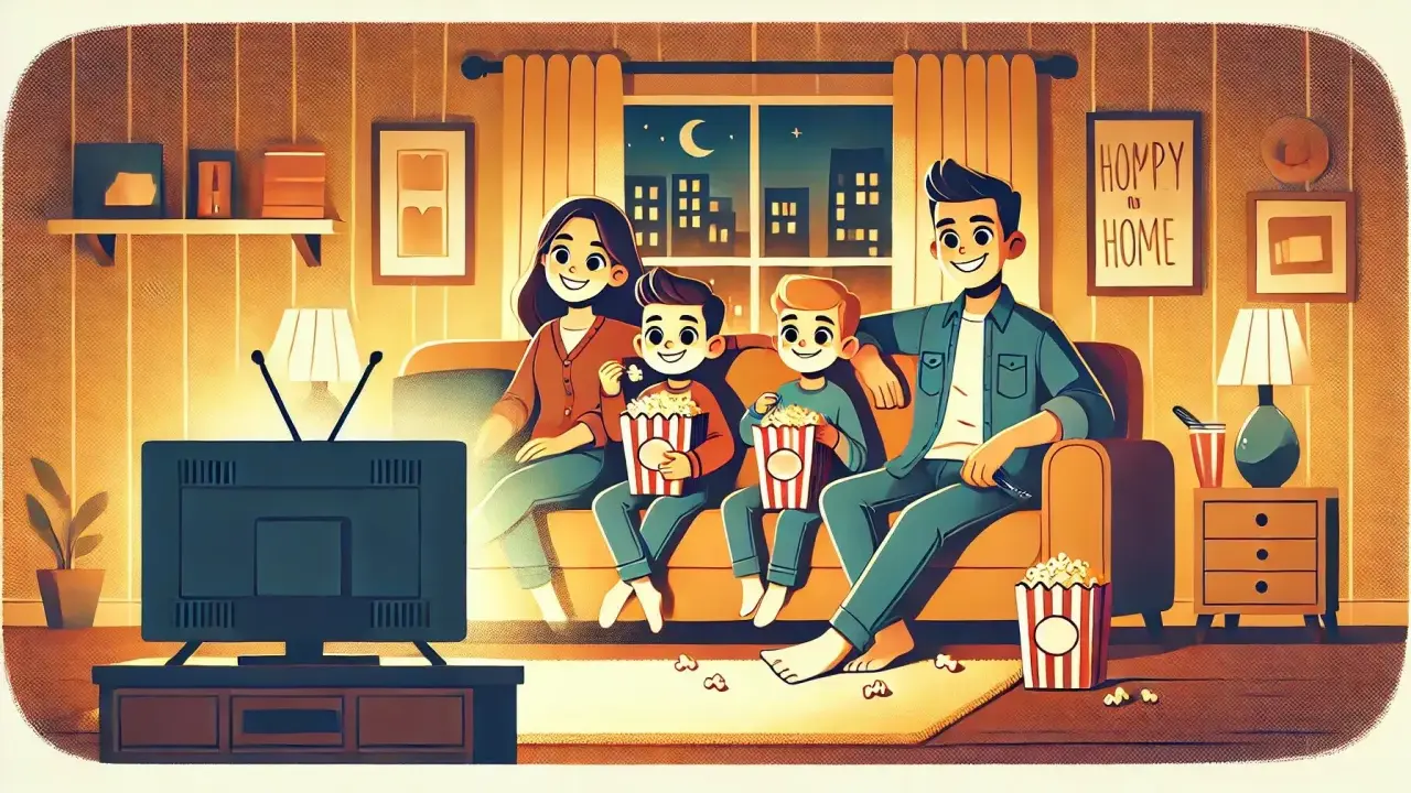 Rodzina ogląda telewizję, jedząc popcorn. Idealny wieczór z serialami do nauki angielskiego.