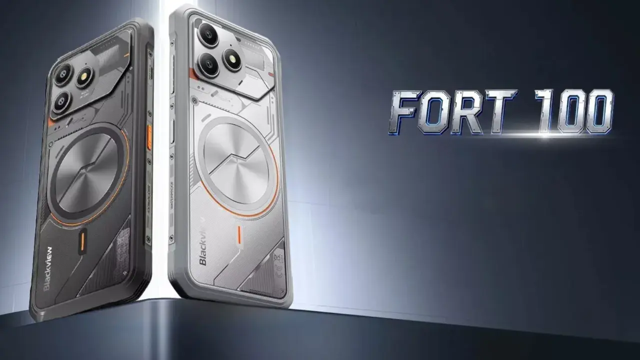Dwa wytrzymałe telefony Blackview Fort 100, jeden szary, drugi biały, z widocznym logo firmy.