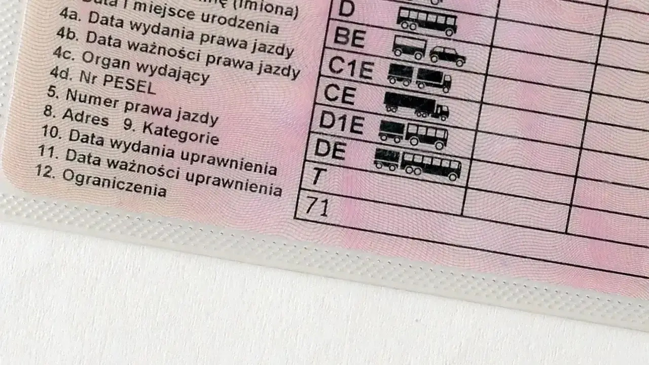 Fragment polskiego prawa jazdy z kategoriami pojazdów. Ktoś szuka zgubionego prawa jazdy, a tu widać tylko jego fragment.