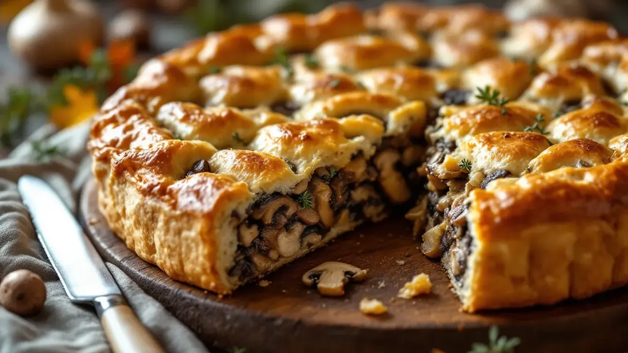 Une tourte aux champignons dorée et appétissante, coupée en part, révèle une garniture généreuse. Un couteau est posé à côté.