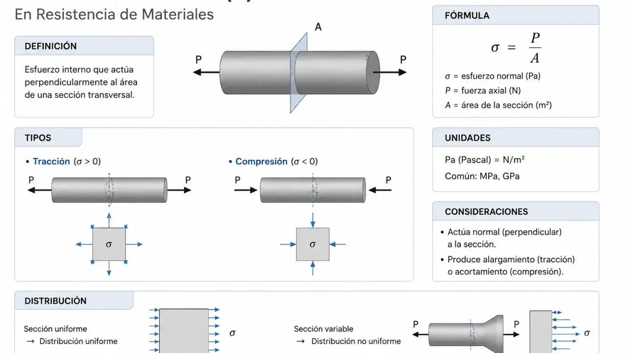Diagrama de esfuerzo normal (σ) en resistencia de materiales. Muestra la fórmula σ = P/A, donde P es la fuerza axial, y tipos de tracción y compresión.