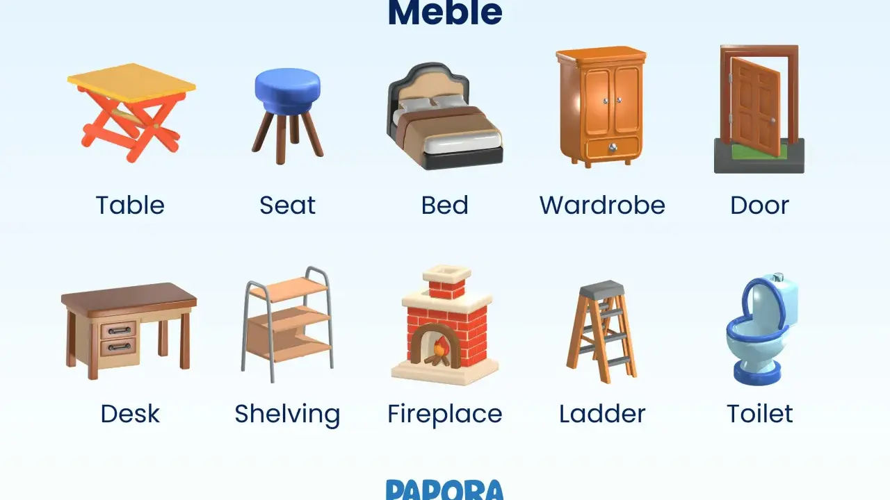 Różnorodne meble po ang.: stół, stołek, łóżko, szafa, drzwi, biurko, regał, kominek, drabina, toaleta.