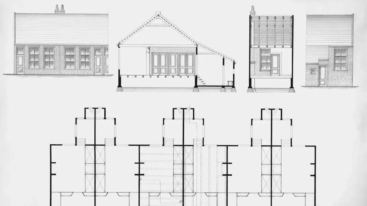 Rysunki architektoniczne: elewacje, przekrój i rzut parteru budynku. Pokazują rozmieszczenie pomieszczeń i ich całkowita powierzchnia.
