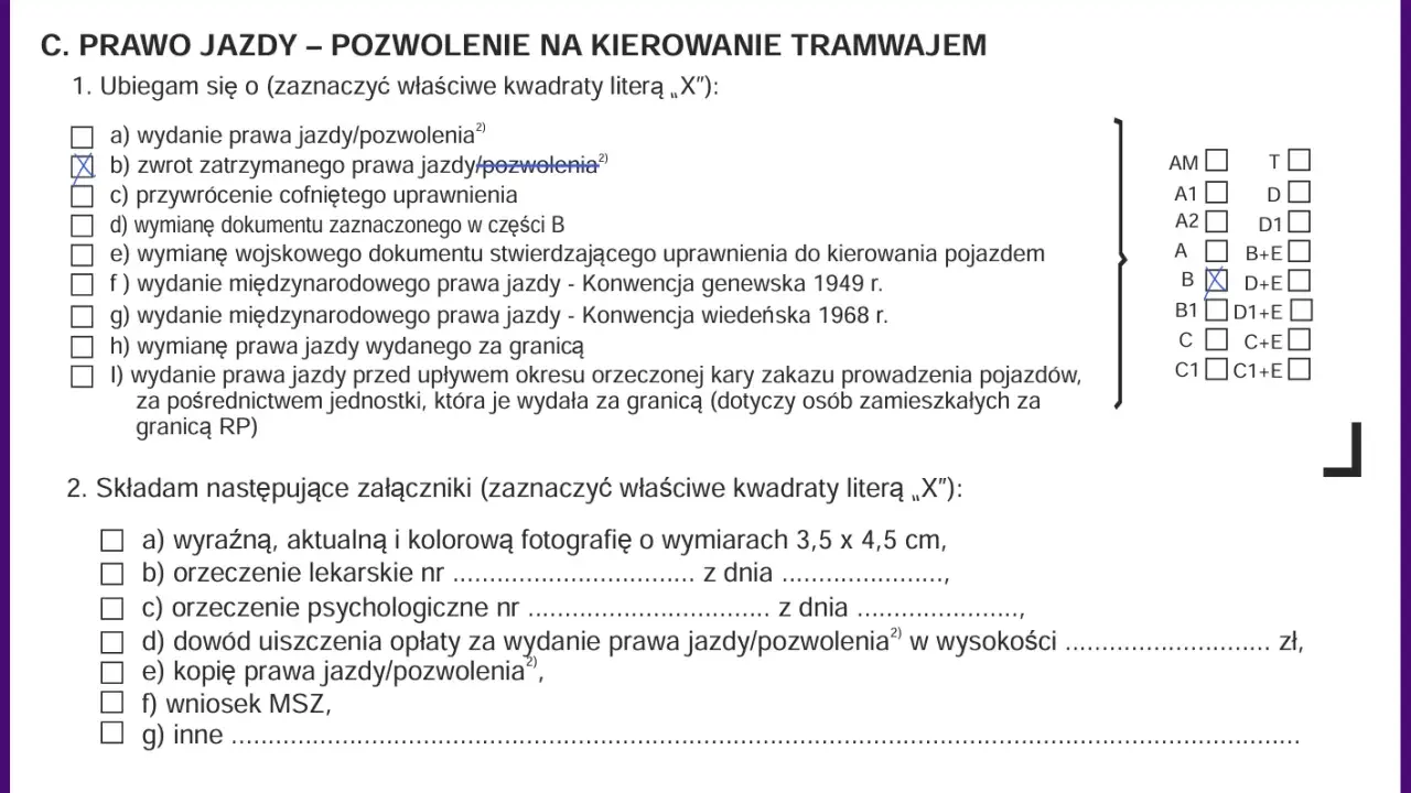 Formularz wniosku o zwrot zatrzymanego prawa jazdy na rok.