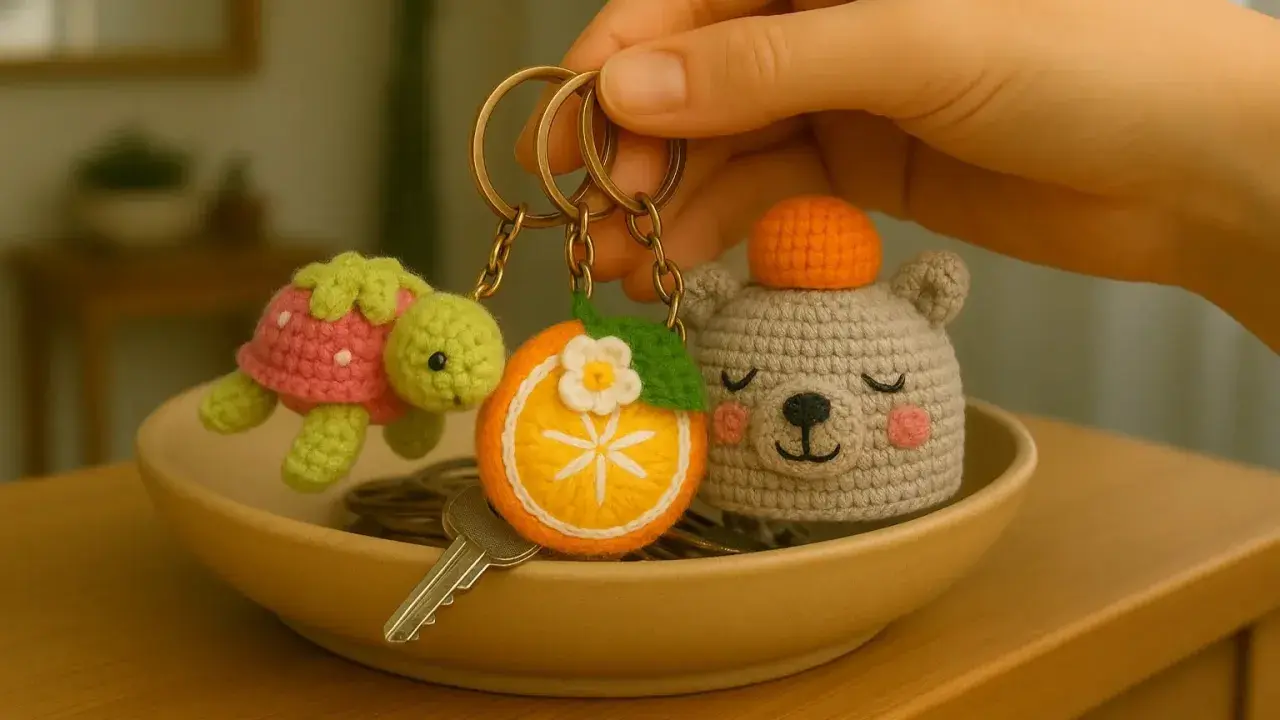 Llaveros a crochet para hombres: una tortuga fresa, una rodaja de naranja y un osito con gorro.