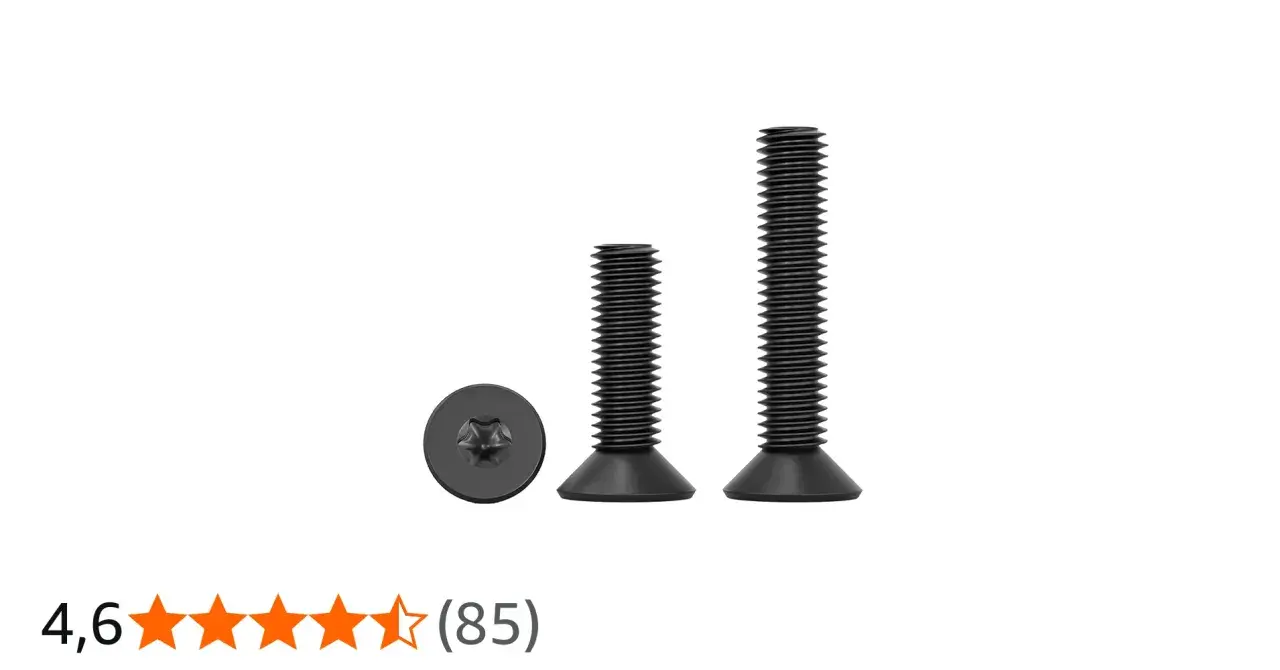 Tres tornillos estrella negros, uno de frente y dos de perfil, uno más corto que el otro.