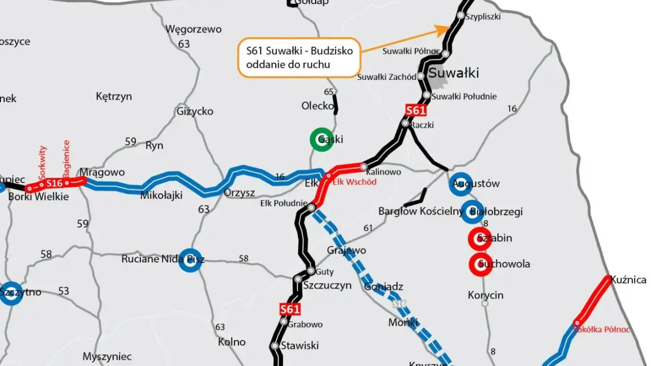 Mapa drogowa z zaznaczoną trasą S61 Suwałki - Budzisko, która jest oddana do ruchu. Widoczne są miasta takie jak Suwałki, Augustów, Ełk.