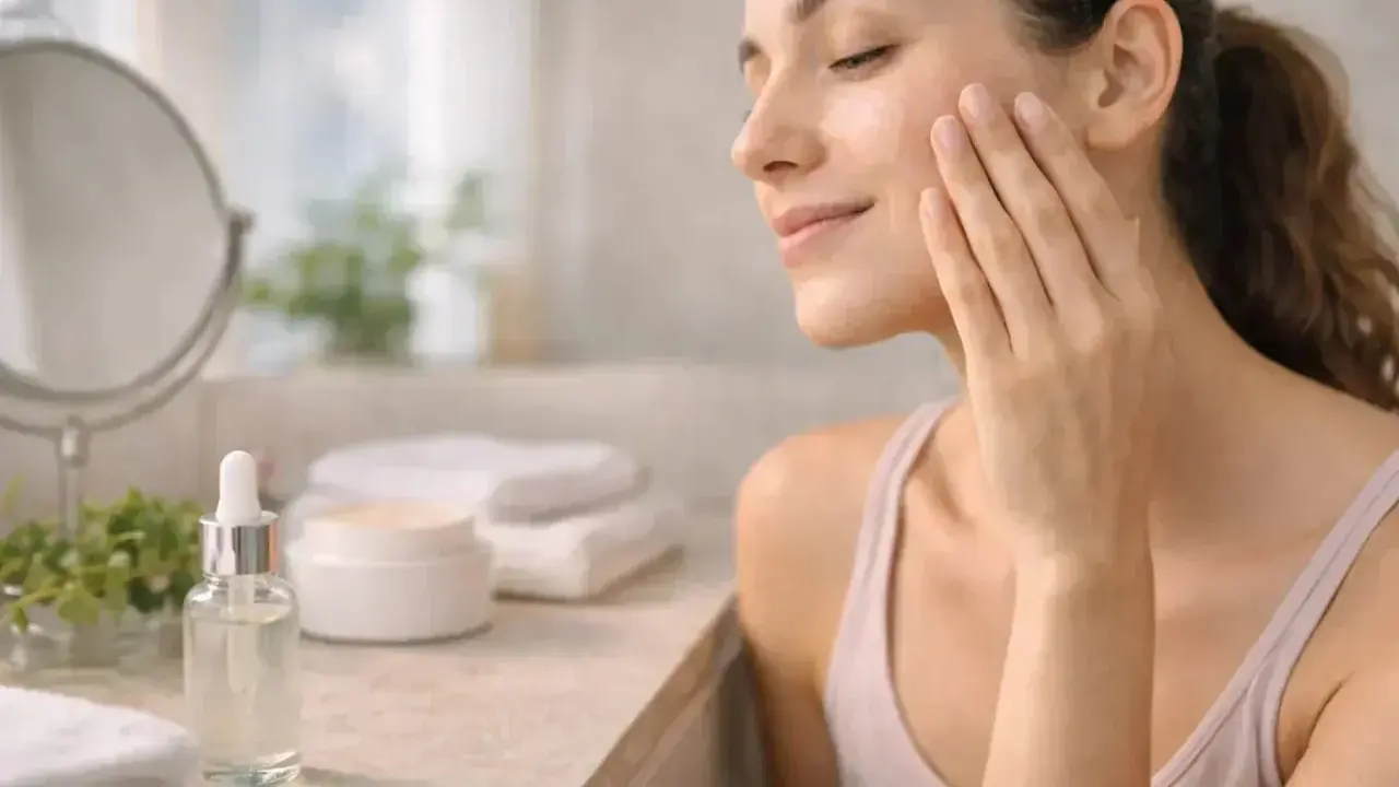 Une femme applique délicatement un sérum sur son visage, un geste simple pour apprendre comment appliquer un sérum et sublimer sa peau.