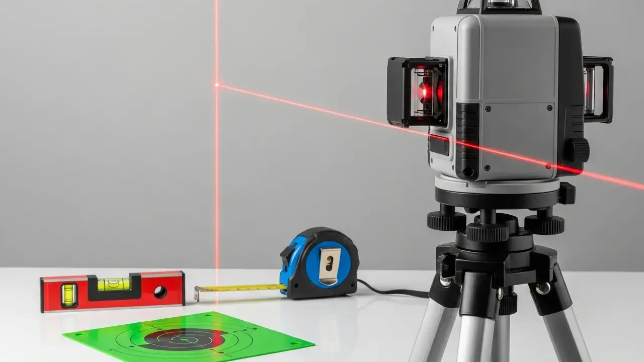 Poziomica laserowa z czerwonymi liniami, miarką, tarczą celowniczą i poziomicą libellową.
