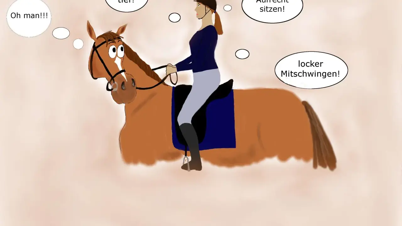 Reiterin mit Pferd, die an ihren leichten Sitz denkt: "Absatz tief!", "Aufrecht sitzen!", "locker mitschwingen!".