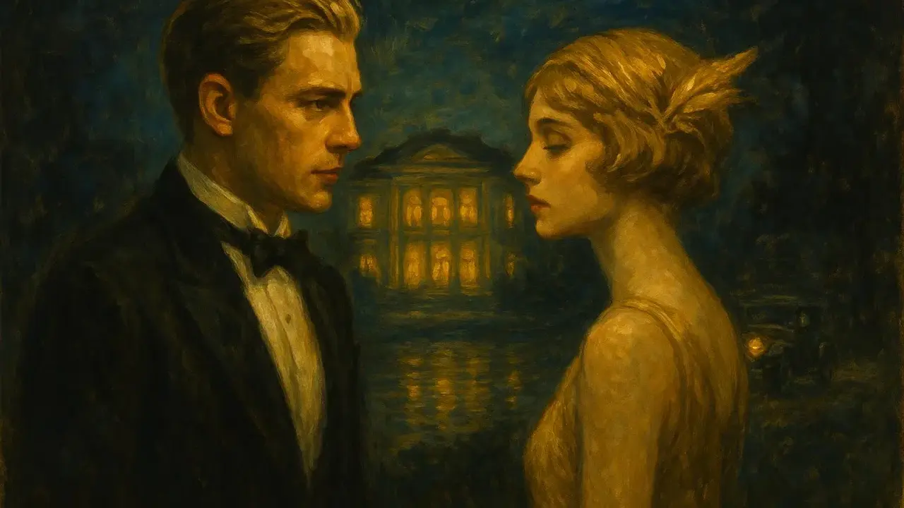 Coppia elegante davanti a una villa illuminata, evocando la trama de "Il grande Gatsby" e i suoi sogni dorati.