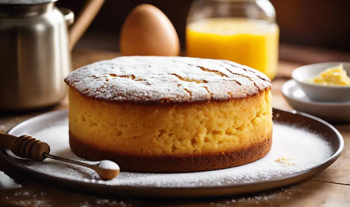 Gâteau génoise saupoudré de sucre glace, prêt à être dégusté. Les ingrédients pour sa cuisson sont visibles en arrière-plan.