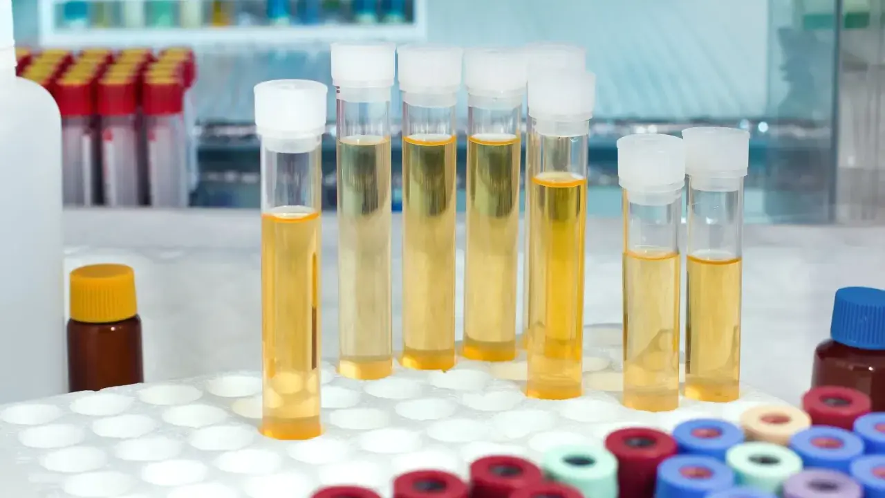 W probówkach laboratoryjnych widać żółtawy płyn, który może wskazywać na mętny mocz.