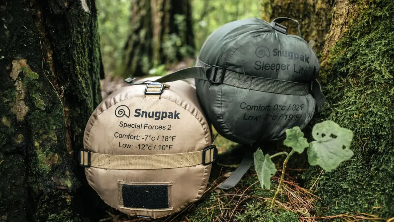 Dwa śpiwory Snugpak, jeden beżowy (komfort -7°C), drugi zielony (komfort 0°C), leżą na leśnym poszyciu.