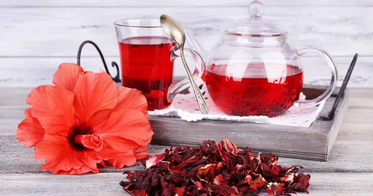 Orzeźwiająca herbatka z hibiskusa, podana w szklanym dzbanku i kubku, obok świeżego kwiatu i suszonych płatków.