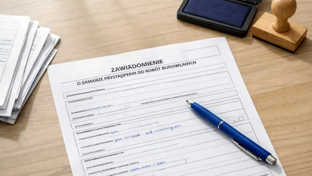 Formularz "Zawiadomienie o zamiarze przystąpienia do robót budowlanych" z niebieskim długopisem, stosem dokumentów i pieczątką.
