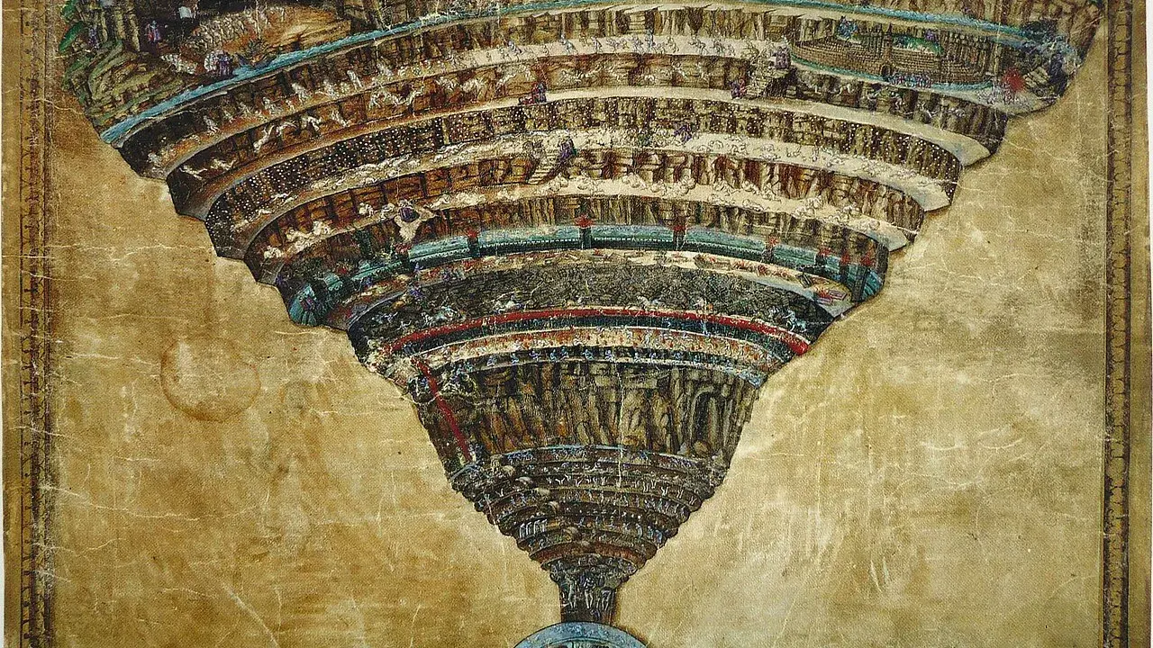 Illustrazione dettagliata de l'inferno di Dante, con i suoi gironi a imbuto e le anime dannate.