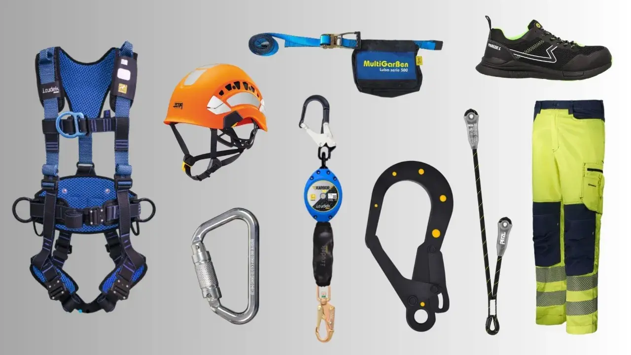 Equipo de seguridad para epis taller: arnés, casco, mosquetones, anticaídas, calzado y pantalón de alta visibilidad.