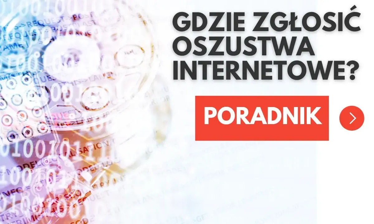 Grafika przedstawia dysk twardy z nałożonym kodem binarnym i tekstem "Gdzie zgłosić oszustwa internetowe?".