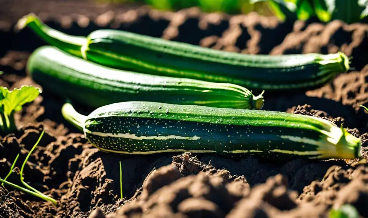 Trois courgettes vertes, fruits ou légumes, reposent sur la terre. Leurs rayures claires et leurs points blancs ressortent sur le sol brun.
