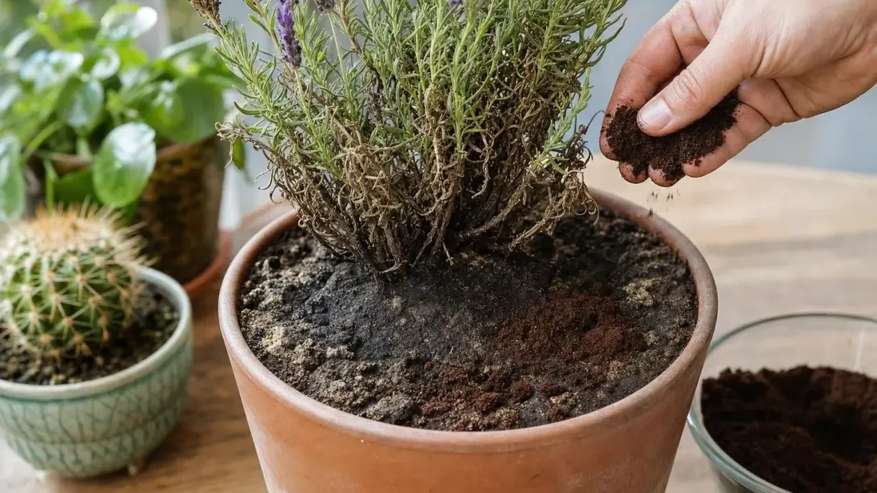 Une main saupoudre du marc de café répulsif autour d'une plante en pot. D'autres plantes sont visibles en arrière-plan.