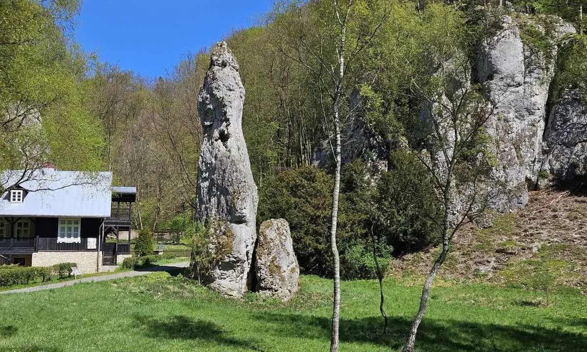 Imponująca skała Igła Deotymy góruje nad zieloną polaną, obok której stoi drewniany domek.