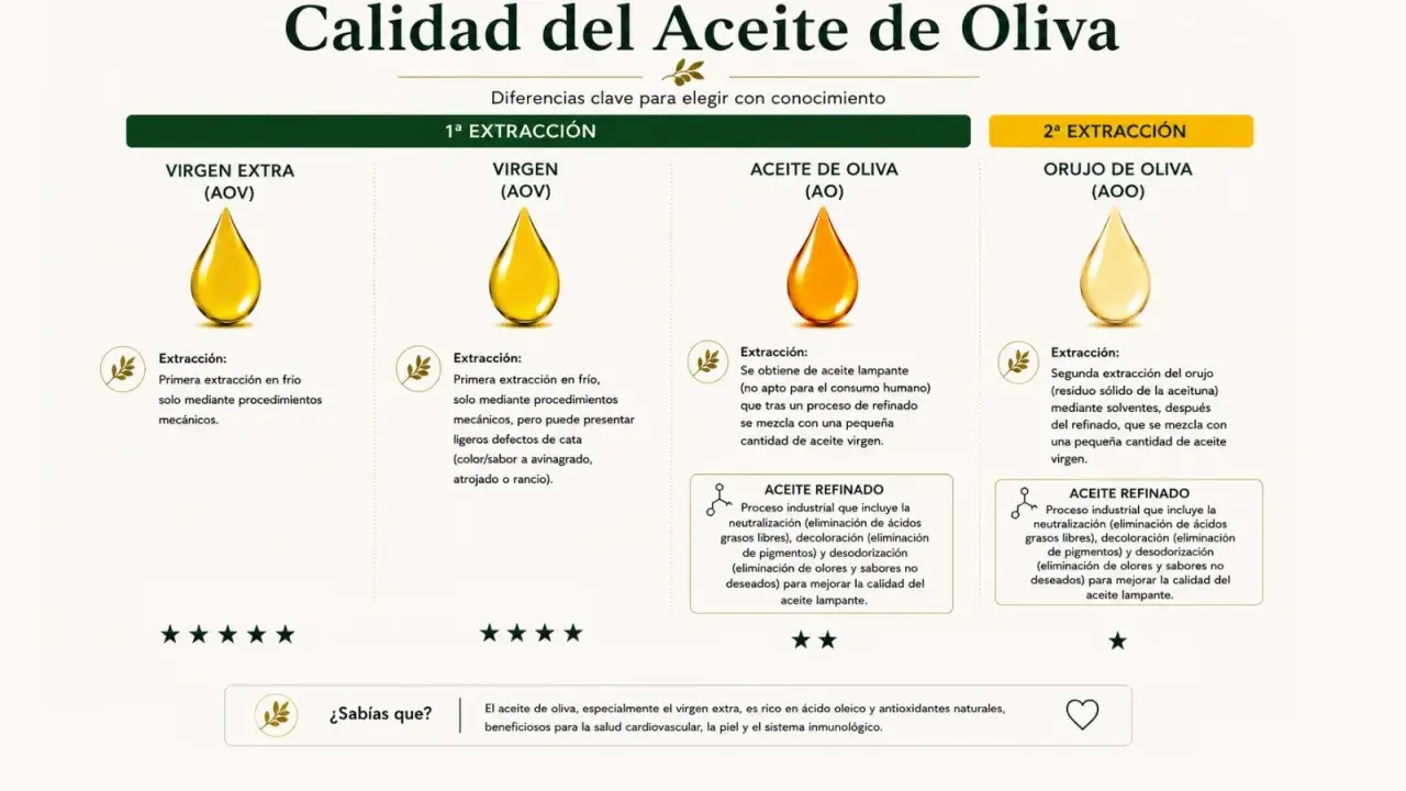 Comparativa de aceites de oliva: virgen extra, virgen, de oliva y orujo. Cada uno con su extracción y características.