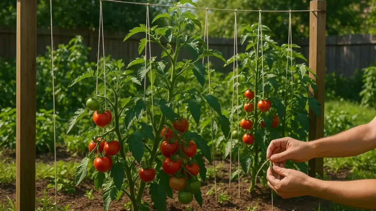 Des tomates mûres sur des plants soutenus par des fils. Une main attache un fil, montrant comment planter des tomates pour une bonne croissance.