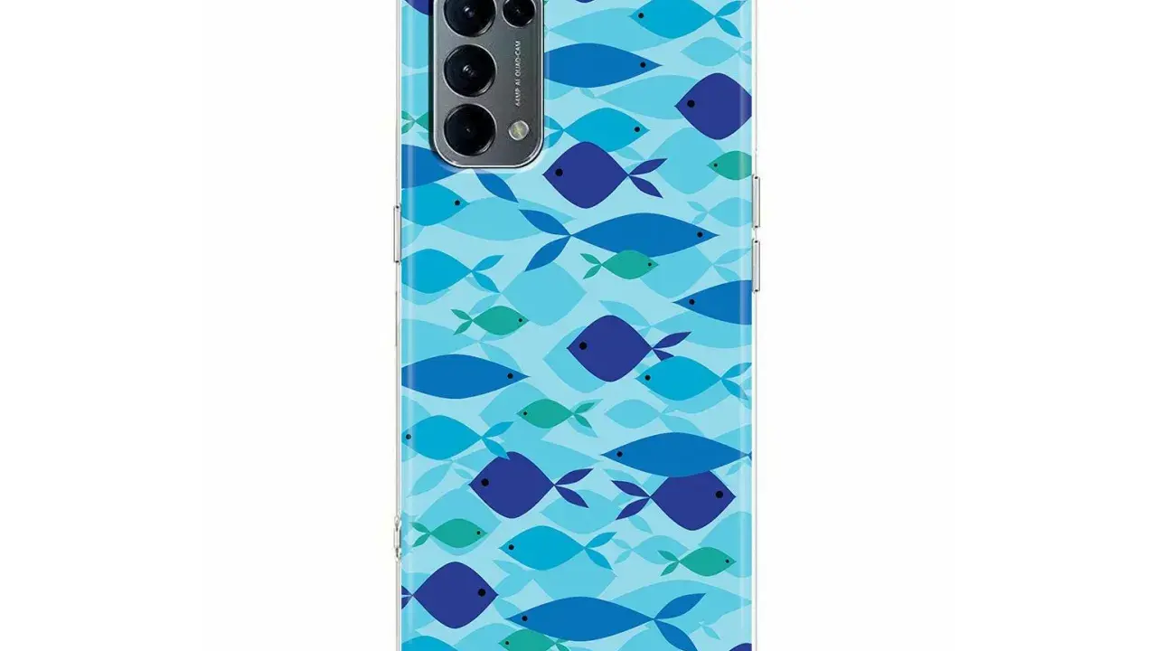 Etui na telefon Oppo A54 5G z motywem ławicy błękitnych rybek.