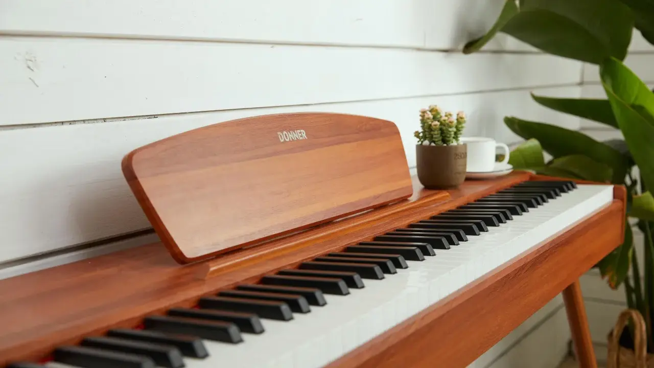 Eleganckie pianino cyfrowe Donner, idealne do nauki gry na pianinie online. Obok stoi filiżanka kawy i mała roślinka.