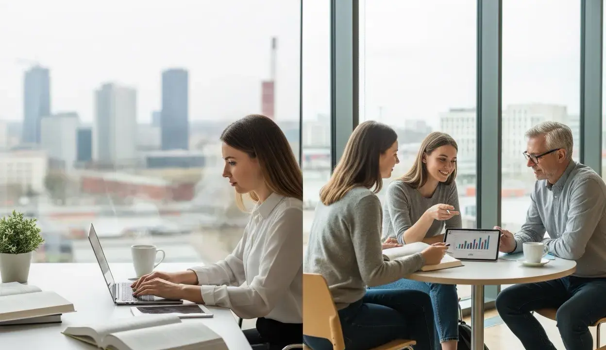 Kobieta pracuje na laptopie, a obok dwie studentki i wykładowca omawiają wykresy. Idealne do studiów online Śląsk.