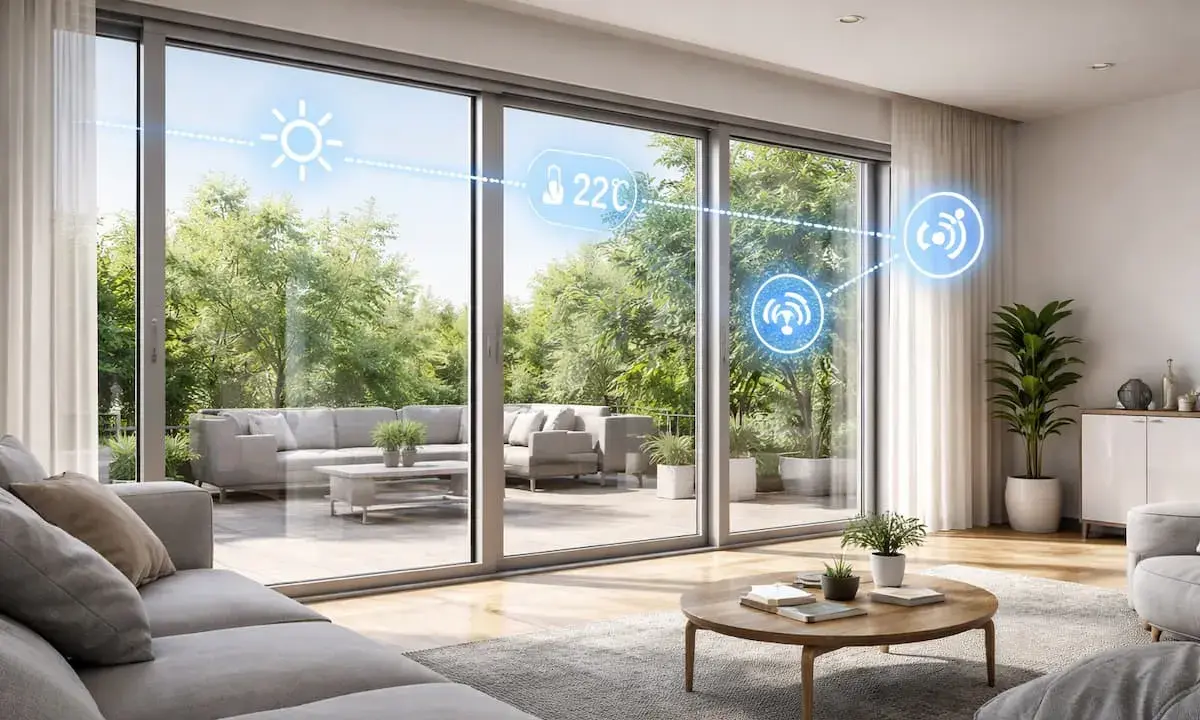 Modern living room with large sliding windows showing a patio and garden. Icons indicate smart home features like temperature control and connectivity, highlighting the **ventanas inteligentes**.