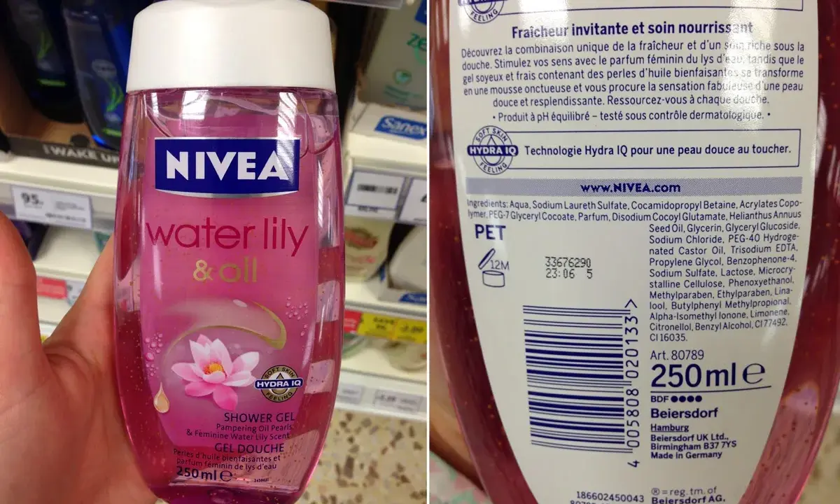 Różowy żel pod prysznic Nivea z wodną lilią i olejkami, zawierający disodium laureth sulfosuccinate, dla miękkiej skóry.
