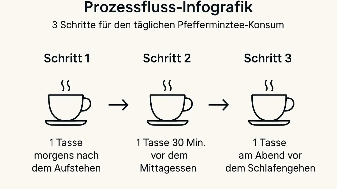 Infografik: 3 Schritte für täglichen Pfefferminztee-Konsum zur Unterstützung beim Abnehmen: morgens, mittags und abends.