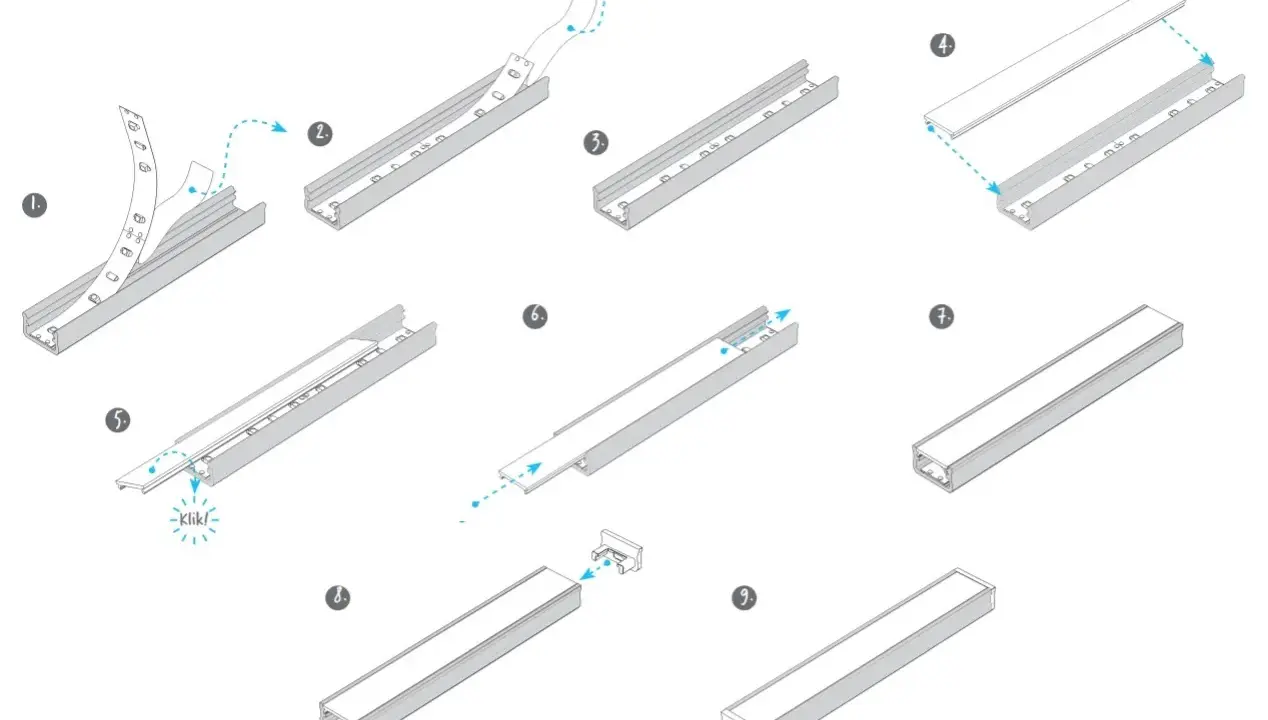Instrukcja montażu taśmy LED w listwie aluminiowej. Krok po kroku pokazano, jak umieścić taśmę, zamknąć profil i dodać zaślepki.