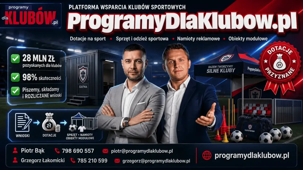 Dwie osoby prezentują platformę wsparcia klubów sportowych. Oferują pomoc w pozyskiwaniu środków, w tym subwencji, na sprzęt i infrastrukturę.
