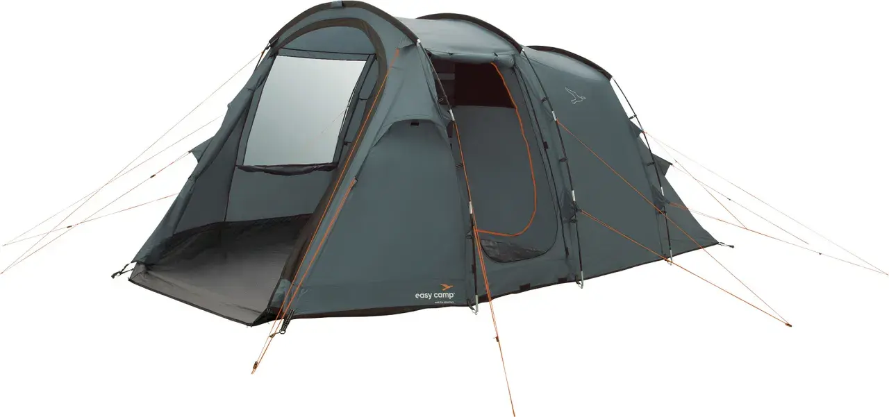 Mörkgrått tält med orange detaljer och ståhöjd. Perfekt för campingäventyr.