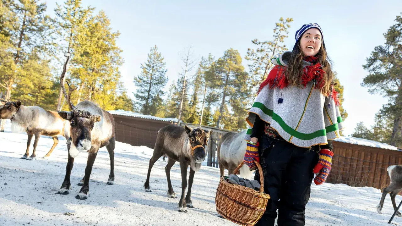 En kvinna i traditionell samisk klädsel med renar i en snöig by i Sverige.