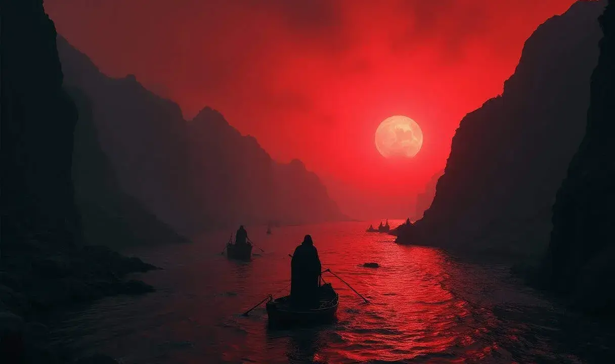 Boote gleiten durch einen blutroten Himmel, der wie eine **Fluss-Unterwelt** wirkt. Berge ragen im Nebel auf, während eine große, rote Mondscheibe den Weg erhellt.