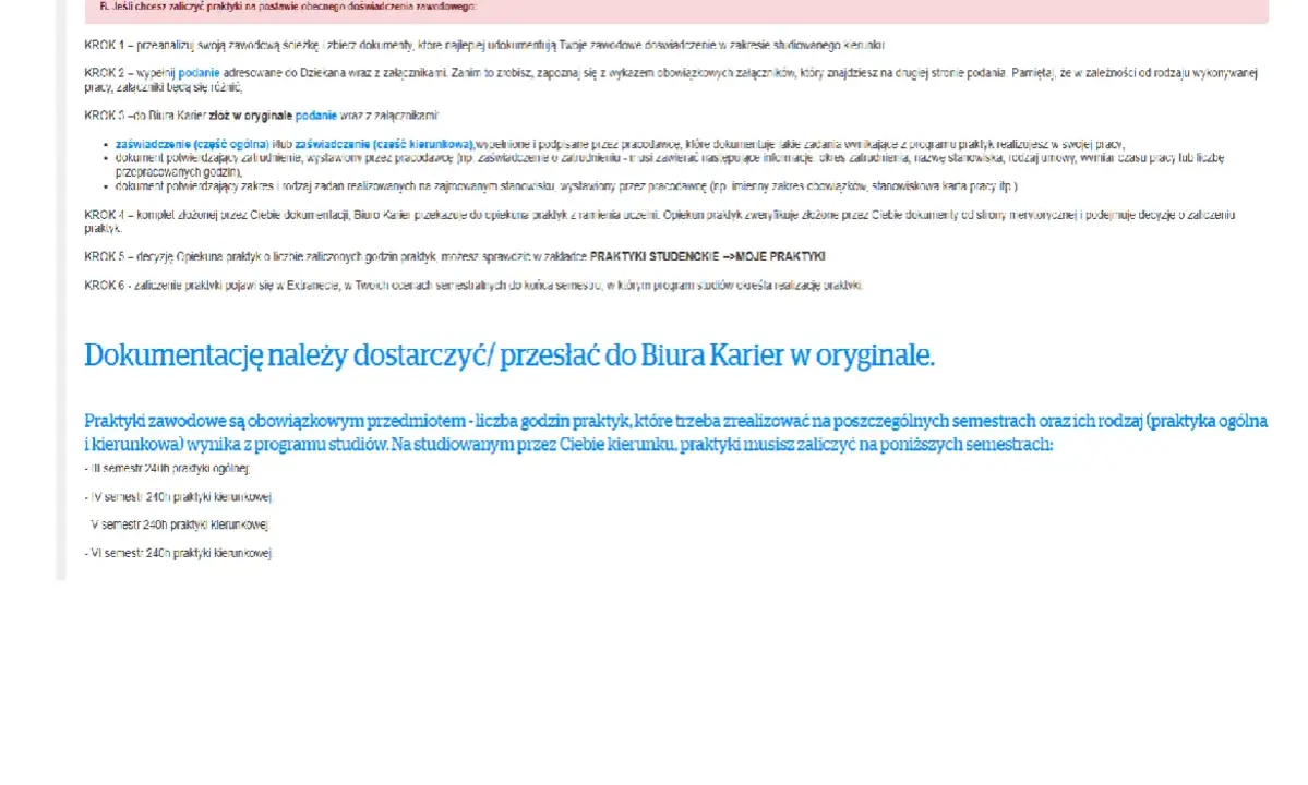 Dokumentacja praktyk na studiach: zaliczenie, wymagane dokumenty i terminy. Praktyki zawodowe są obowiązkowe.