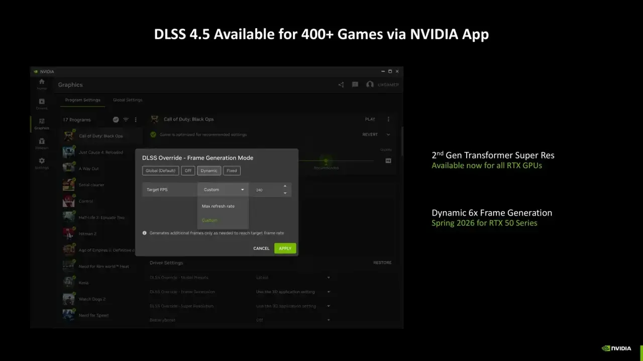 NVIDIA App pokazuje, jak włączyć DLSS dla gry Call of Duty: Black Ops, ustawiając tryb generowania klatek.