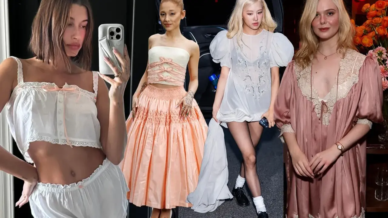 Four women showcase coquette style: Hailey Bieber in white lingerie, Ariana Grande in a peach ballgown, Rosé in a sheer white dress, and Elle Fanning in a pink satin robe.