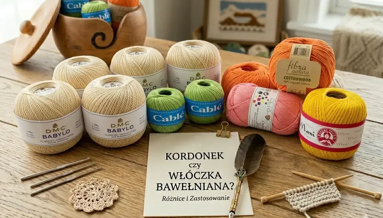 Różne rodzaje włókien: bawełniane kordonki i włóczki w pastelowych kolorach, przybory do szydełkowania i druty.