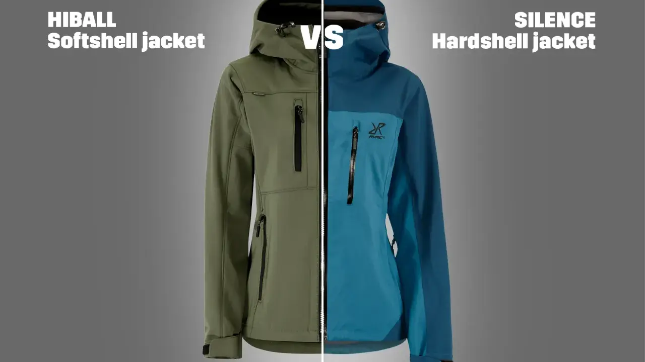 Zielona kurtka softshell i niebieska kurtka hardshell, obie z kapturem i zamkami, porównane obok siebie.