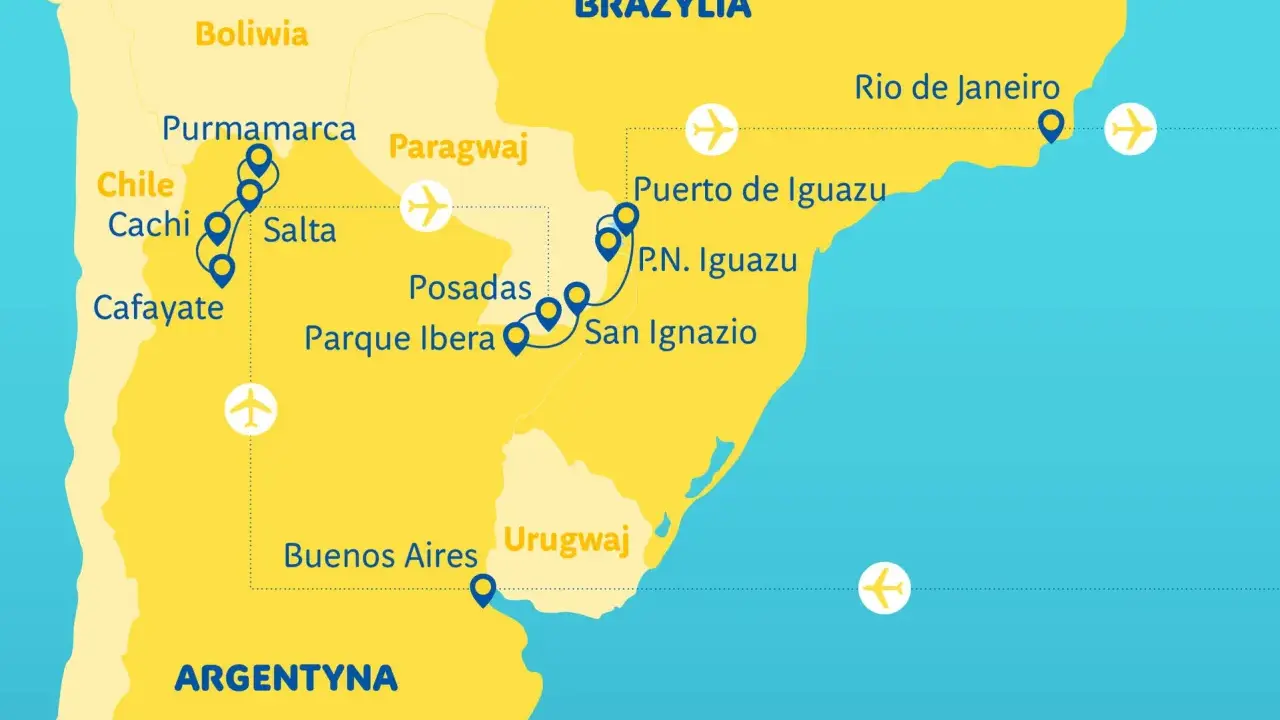 Mapa Brazylia z zaznaczonymi trasami podróży przez Argentynę, Boliwię, Paragwaj i Brazylię, z miastami jak Buenos Aires, Salta, Puerto Iguazu i Rio de Janeiro.