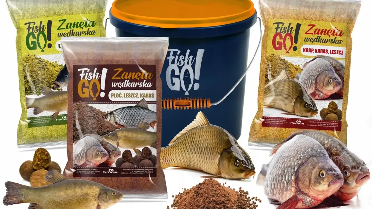 Zanęty wędkarskie promocje: torby z zanętą, wiaderko i ryby. Idealne na połów płoci, leszczy i karasi.